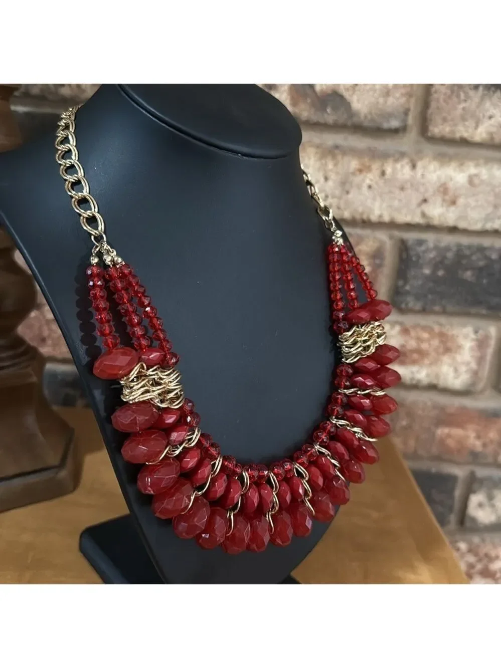 Vintage Red beaded and gold tone statement necklace